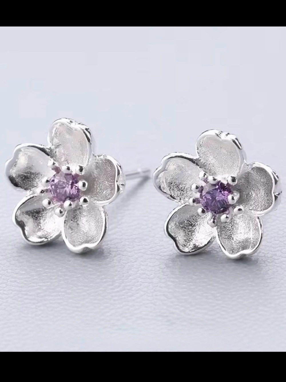 925 Silver delicate and small Floral Stud Earrings with Light Purple Gem .33”